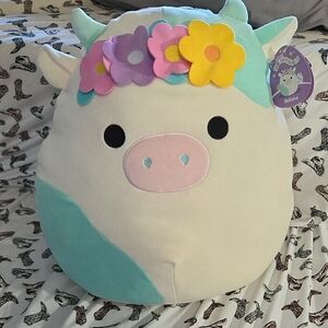 Squishmallows 18 In BELANA Cow with Floral Crown - White, Blue, Pink